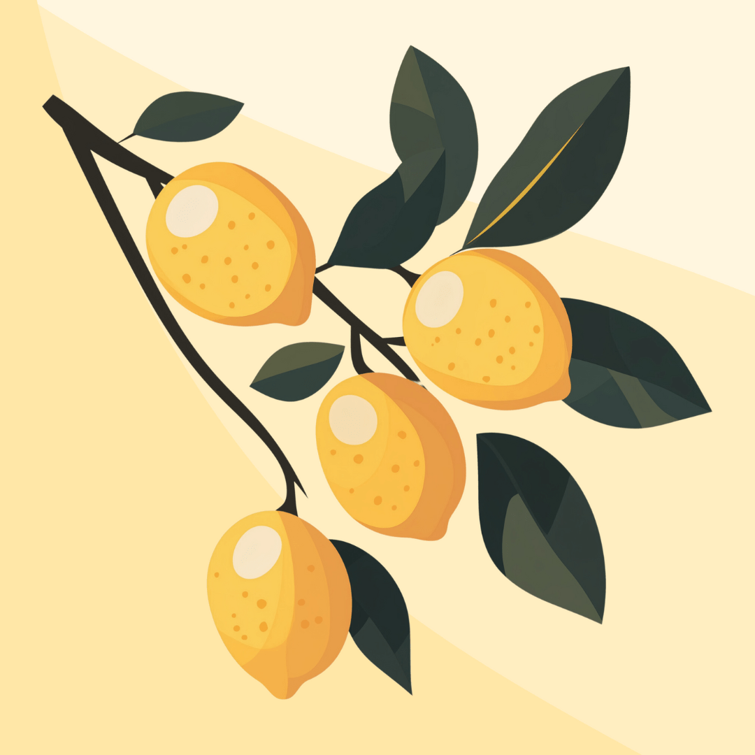 The image depicts a cluster of ripe lemons hanging from a branch.