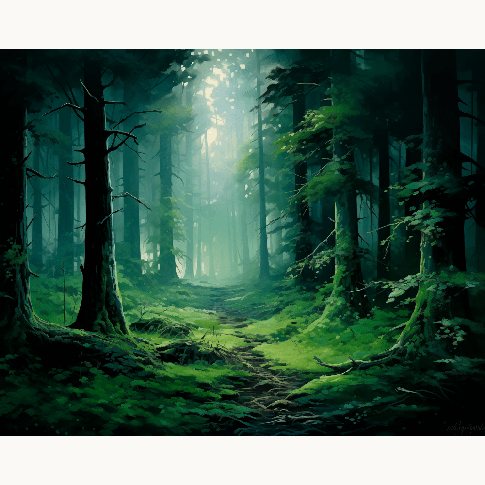 The image presents a tranquil forest scene.