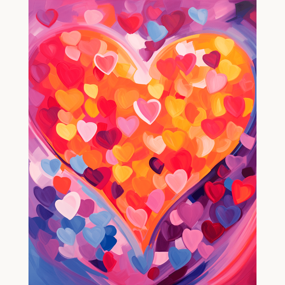 This is a vivid and colorful representation of a heart, composed of various shapes and sizes of love hearts rendered in bright hues.