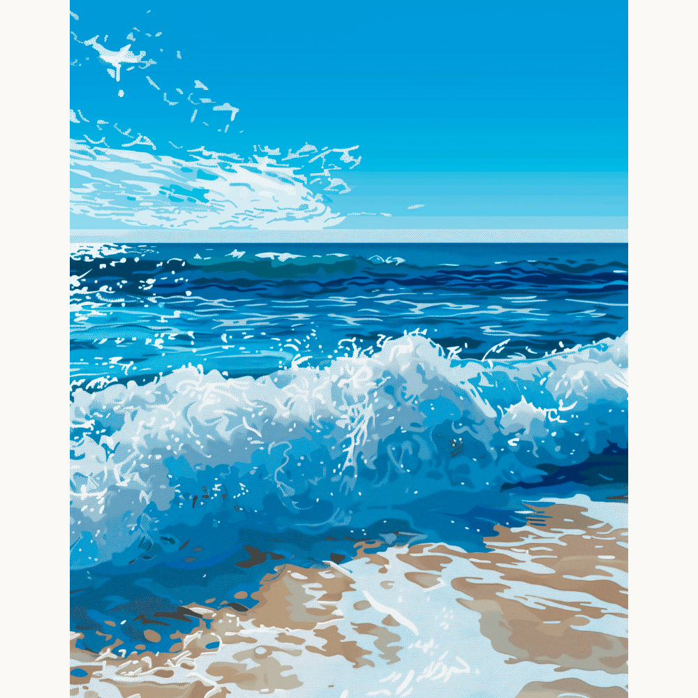 The image displays a canvas print featuring an artwork depicting a serene seascape scene.