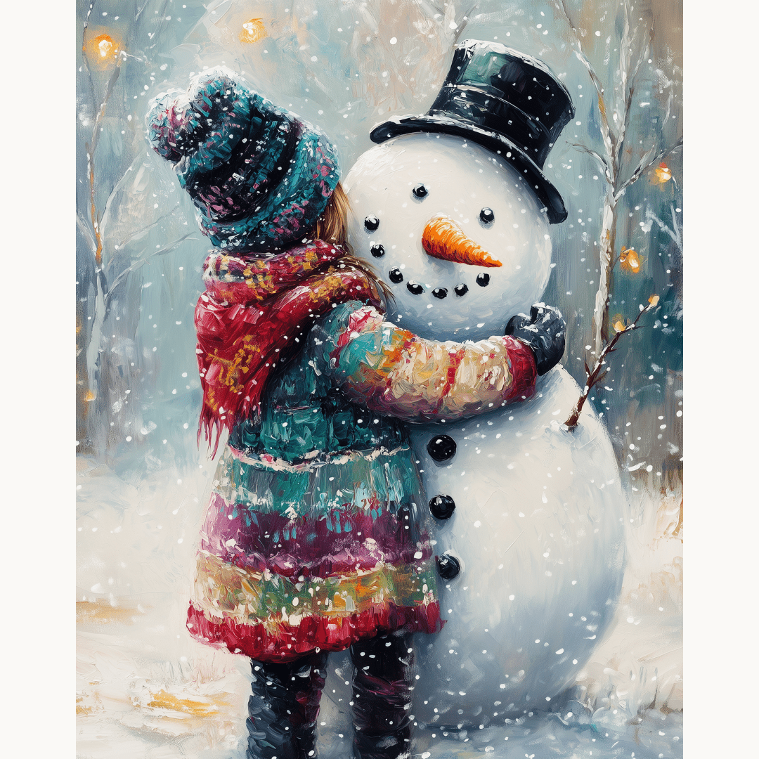 A vibrant holiday card featuring a young girl and an anthropomorphic snowman on a snowy landscape at dusk..