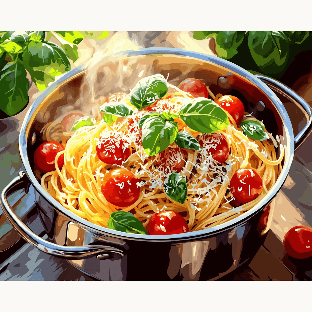 The image showcases a culinary scene featuring a large pot filled with cooked spaghetti, tomatoes, and basil leaves.