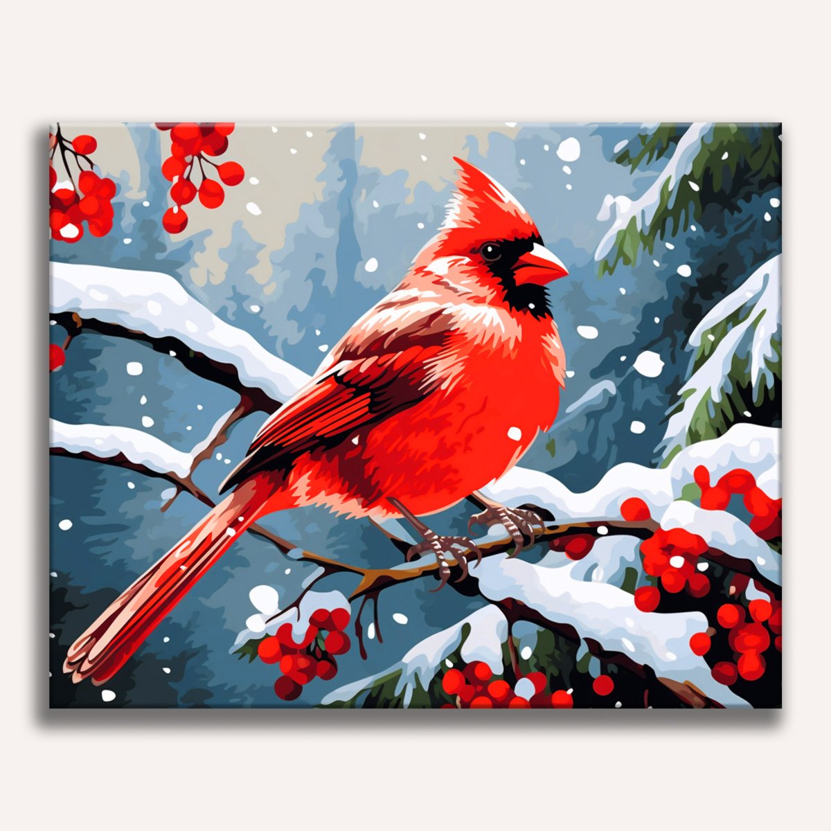 The image features a vibrant cardinal perched on a branch laden with red berries.