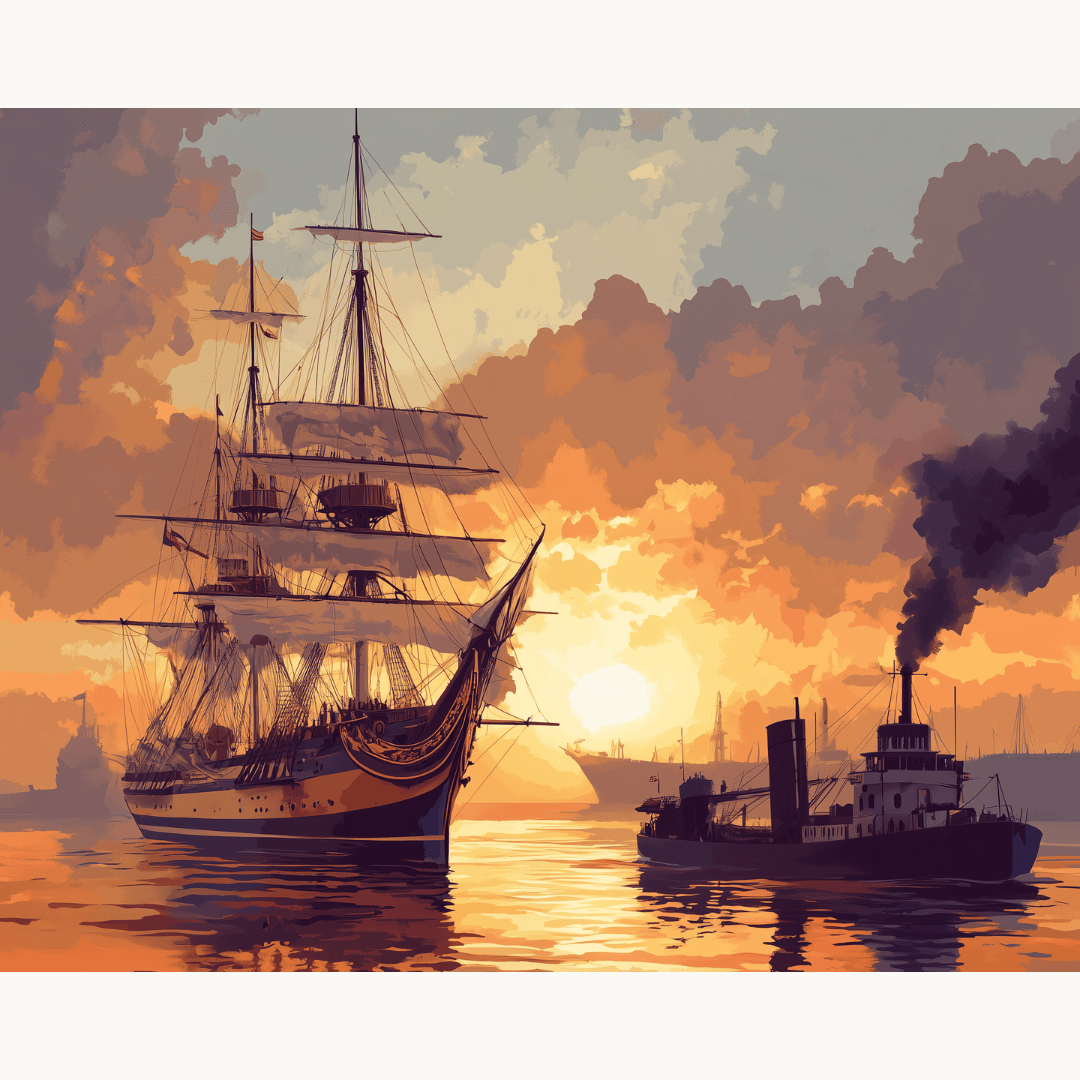 In the image, a large ship anchored at a harbor during sunset serves as the central focus.