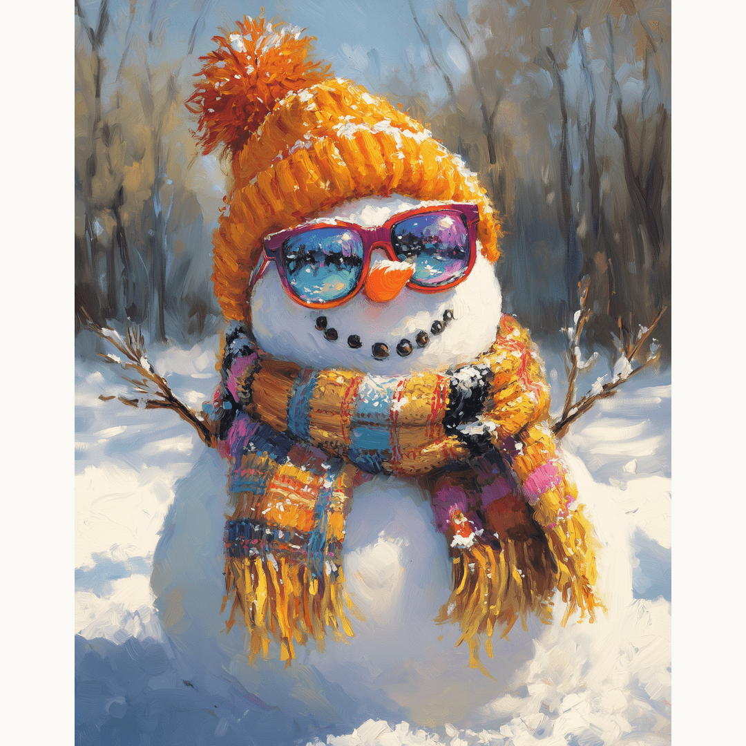 A whimsical snowman stands prominently in a winter scene, adorned with a vibrant scarf and a beanie.