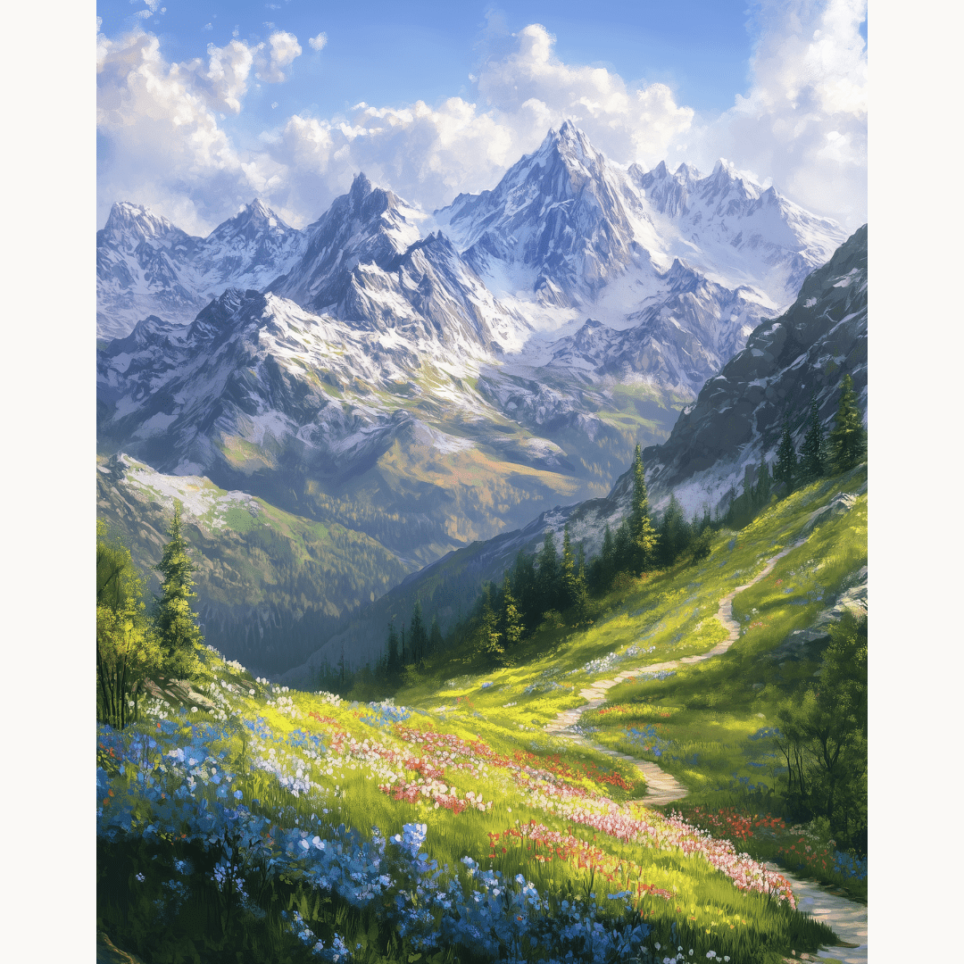 A picturesque mountain landscape featuring snow-capped peaks, lush valleys filled with vibrant wildflowers, and a clear blue sky overhead..