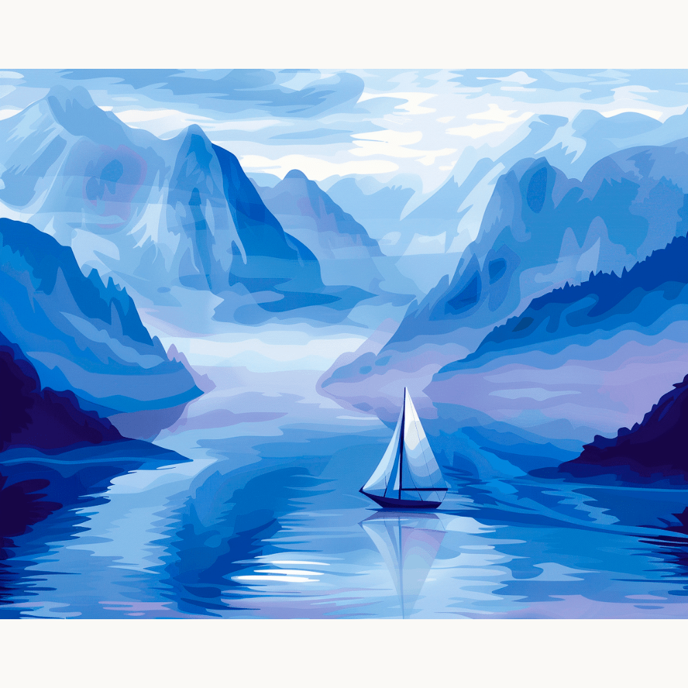 A large, vivid painting depicts a serene landscape featuring a sailboat sailing on a tranquil lake nestled amidst majestic mountains.