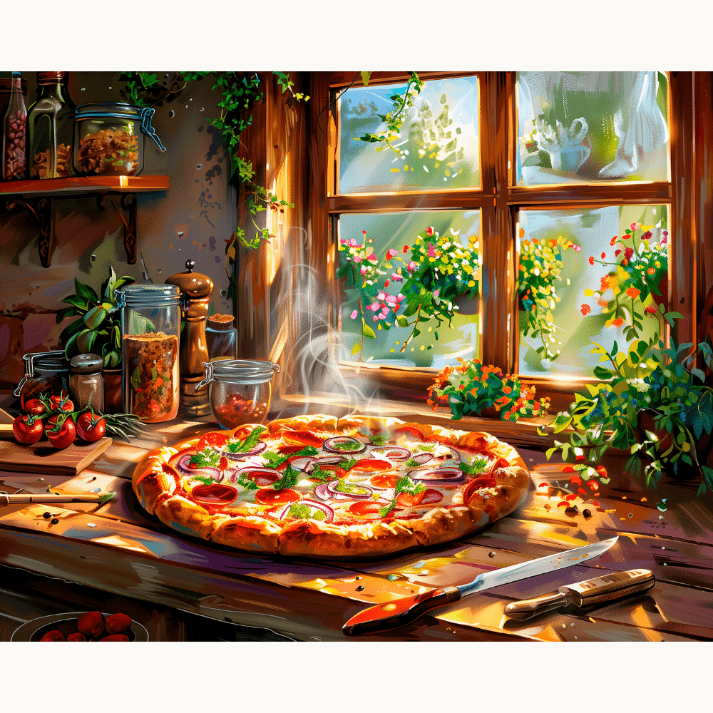 A digital illustration captures a cozy kitchen scene.