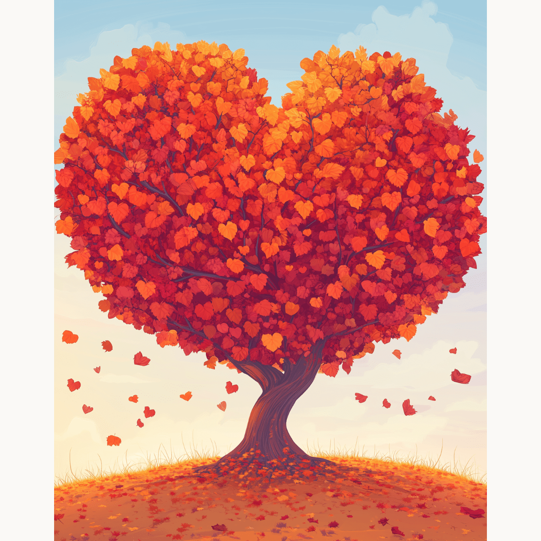 A colorful illustration features a vibrant tree with red leaves and a large heart at its center, symbolizing love or passion.