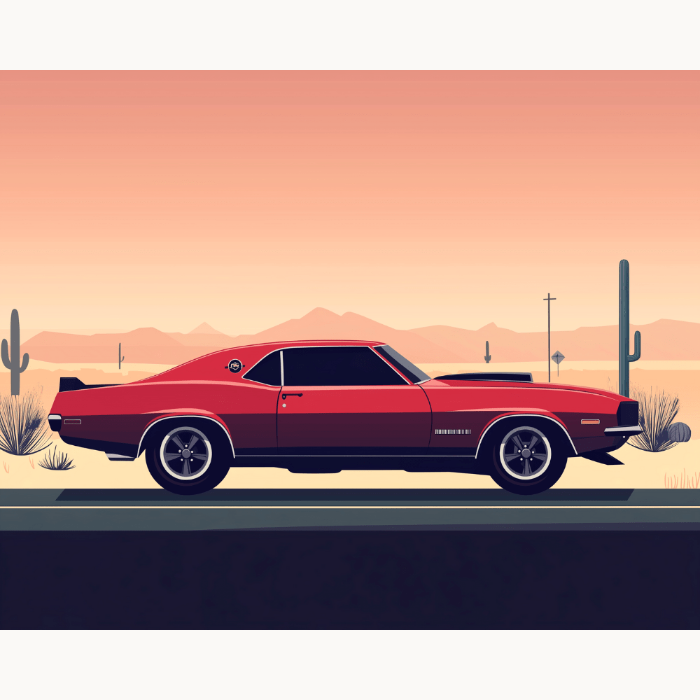 A digital artwork poster of a classic muscle car, possibly a Pontiac GTO or similar model, styled with retro 70s aesthetics, parked on the side of a desert highway, under a clear sky at sunset, with silhouettes of cacti and mountains in the background..