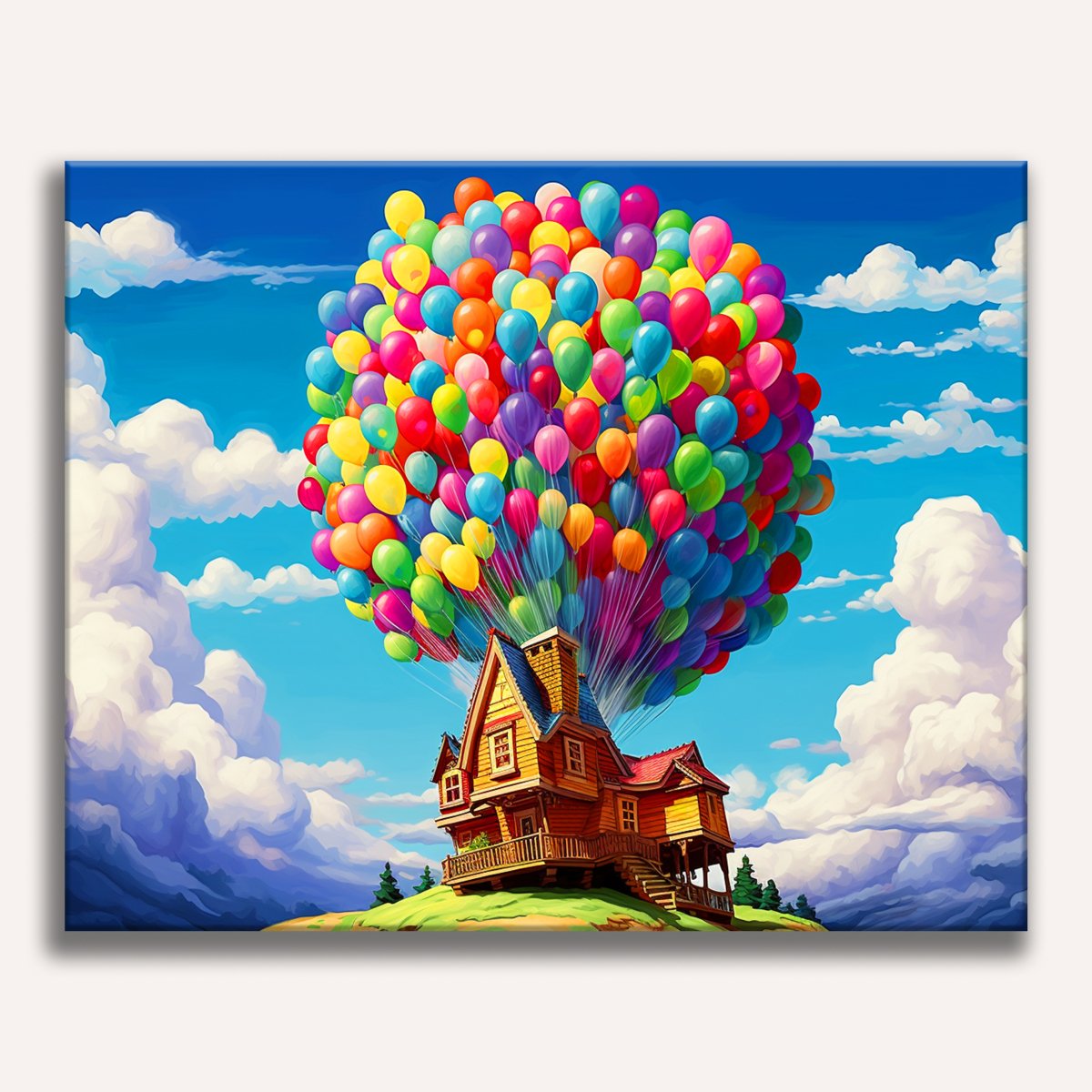 In the image, a vibrant hot air balloon is soaring above a picturesque countryside.