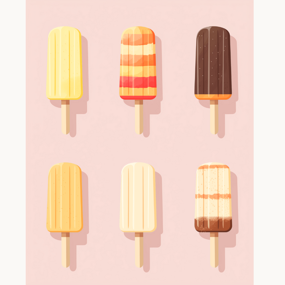 A flat lay poster showcasing a variety of six ice pops with different flavors, arranged on a pink surface.