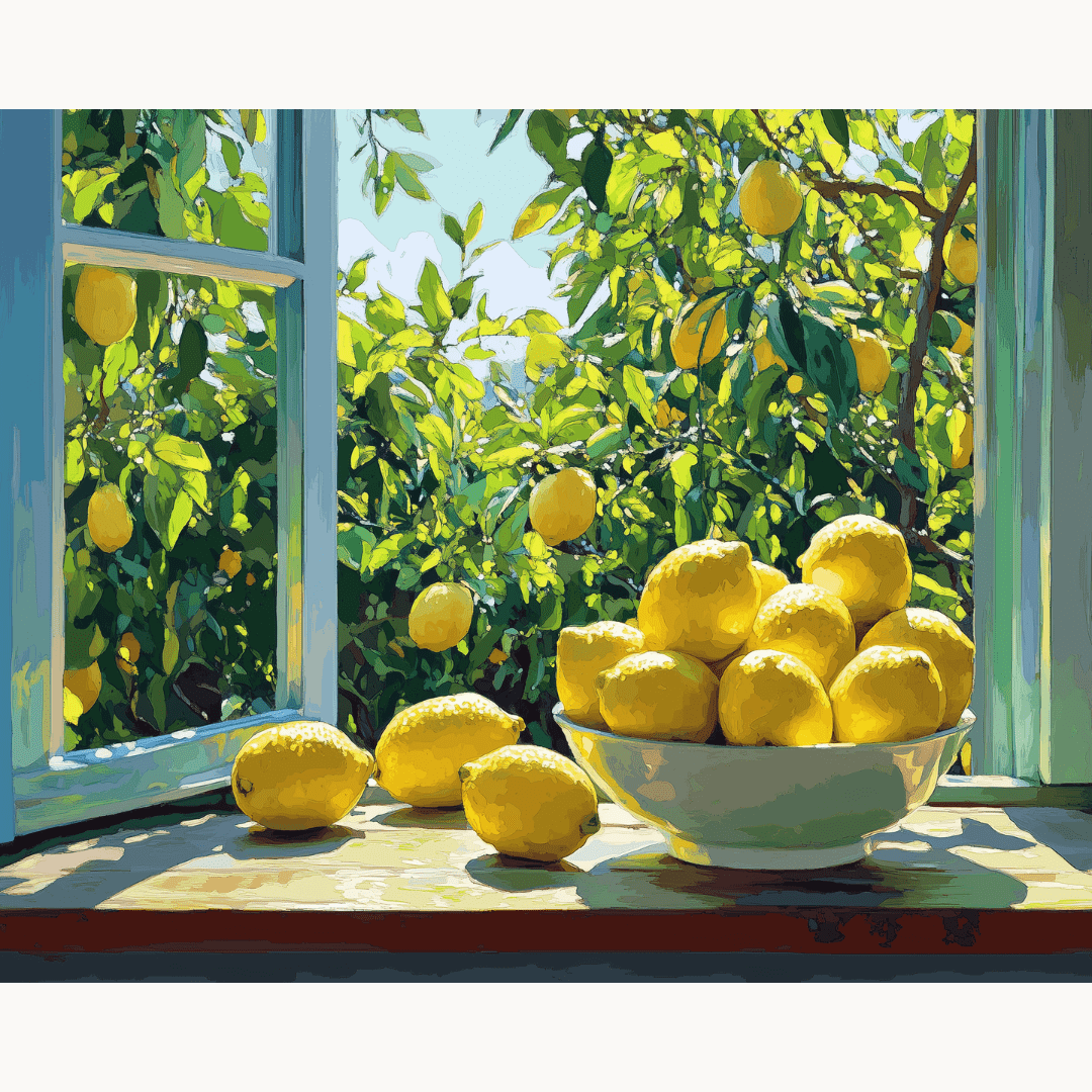 In the image, a large bowl filled with fresh yellow lemons sits on a windowsill.