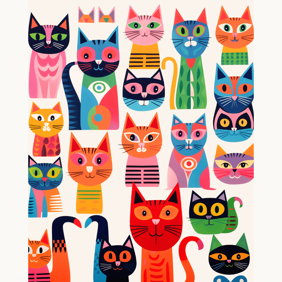 The image showcases a collection of nine cats, each exhibiting its own unique color and pattern.