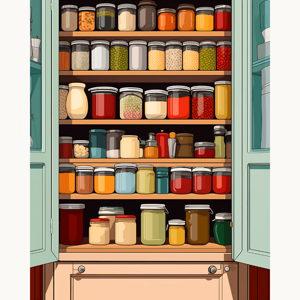 The image showcases a well-stocked pantry filled with various jars and containers, each containing different items such as pickles, pasta, canned goods, and baking supplies.