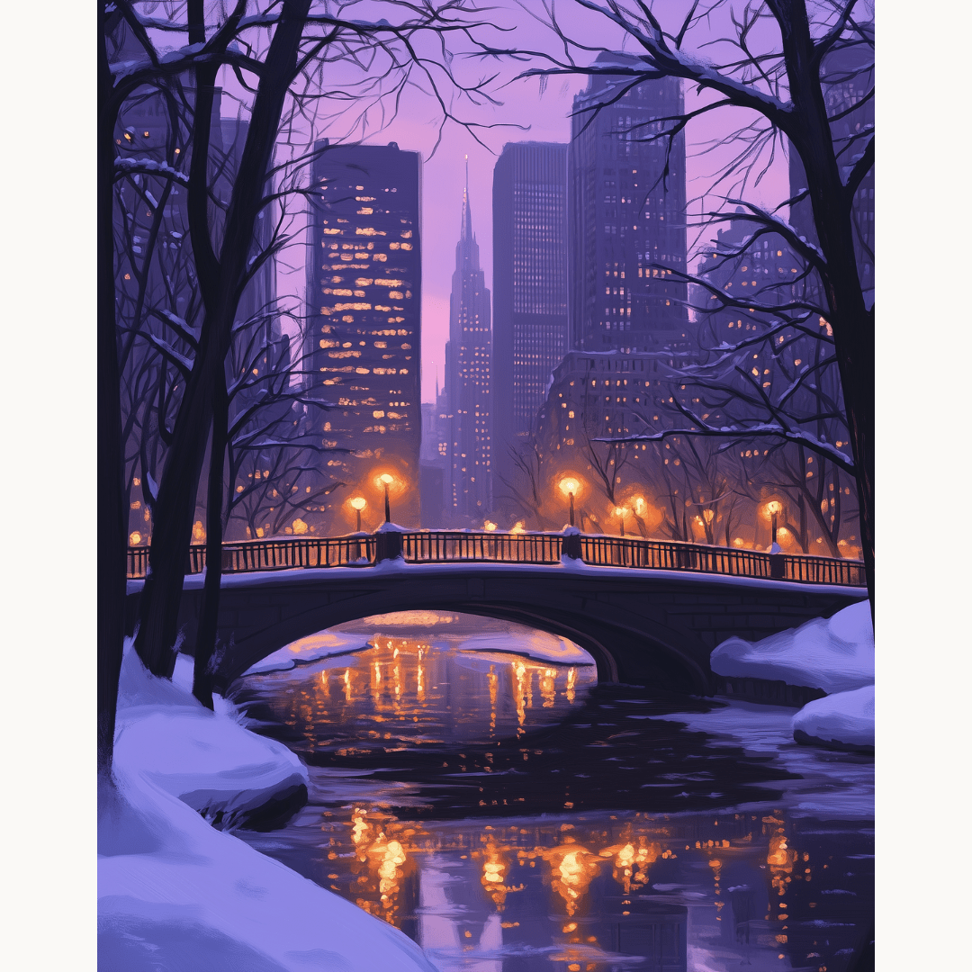 In the foreground of the image, a tranquil river flows under a bridge, reflecting the soft glow of streetlights that line both sides.