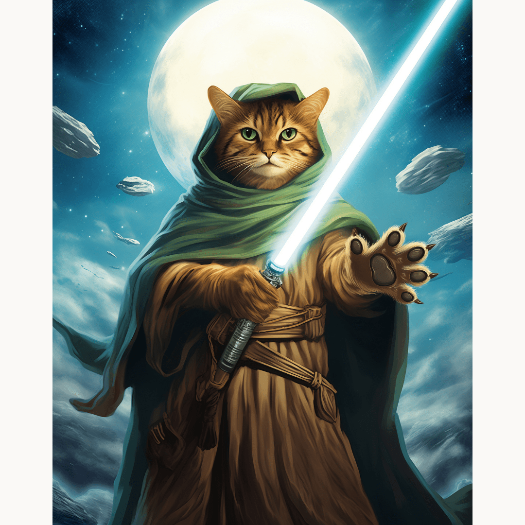 A stylized image depicts a cat wearing a green cloak and holding a lightsaber, standing against a backdrop of a planetoid with floating rocks and a large moon..