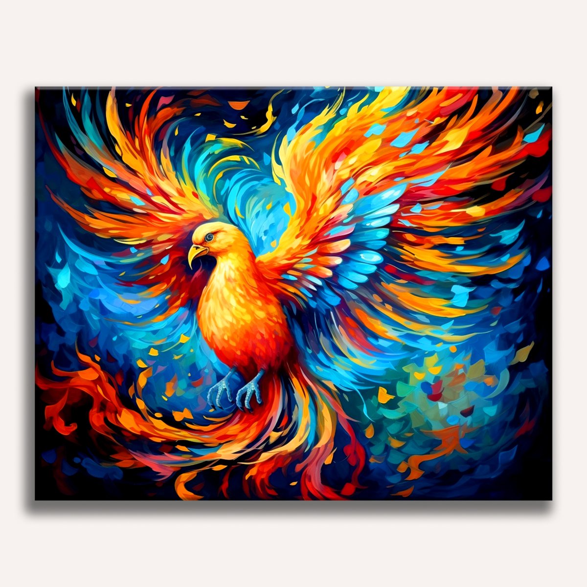 An artistic representation of a phoenix-like bird soaring through a vibrant, abstract background filled with fiery colors and intricate patterns..