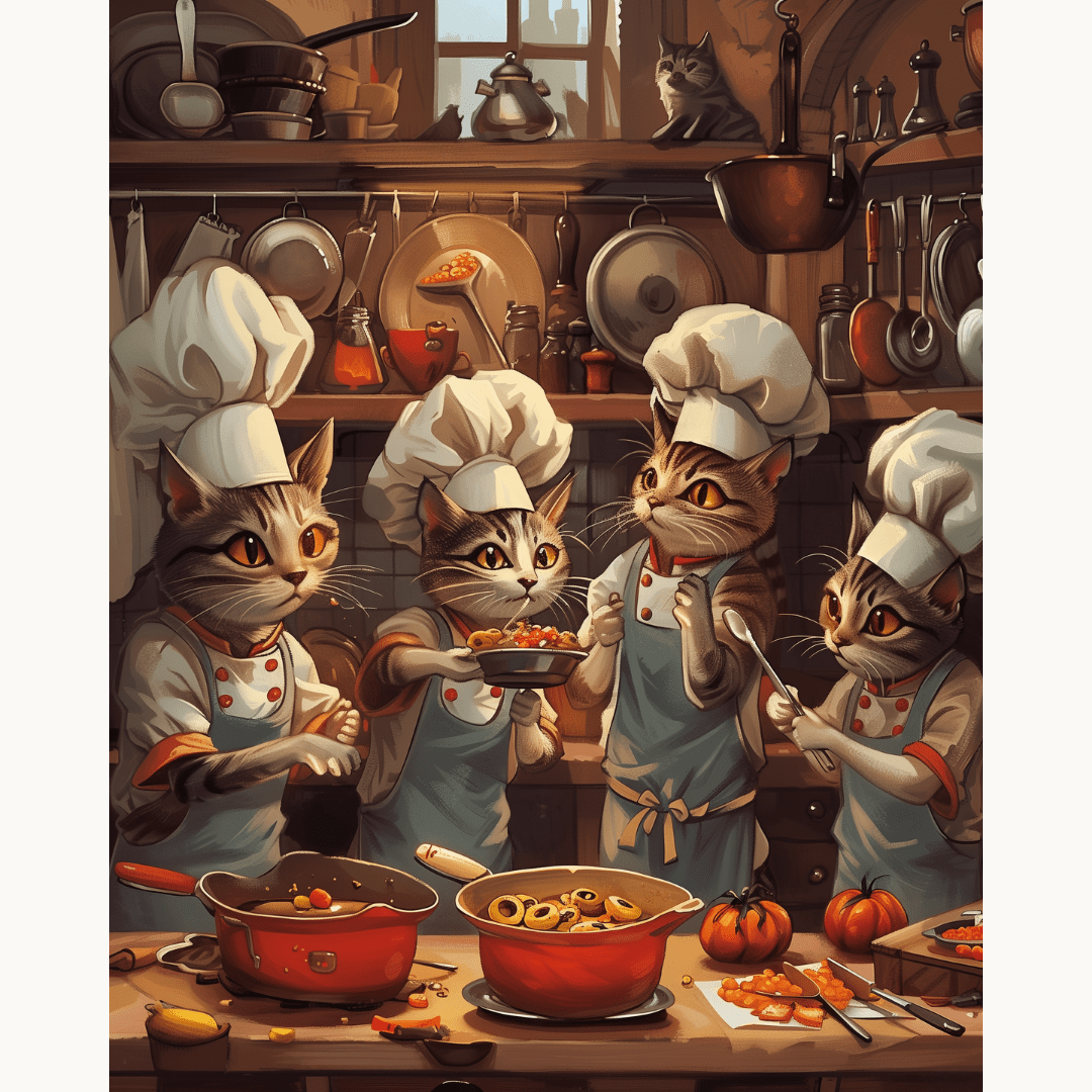 A group of animated cats don chef uniforms and hats, gathered around a kitchen counter laden with various food items and cooking utensils, engaged in cooking activities; two are serving themselves from bowls while another looks on..