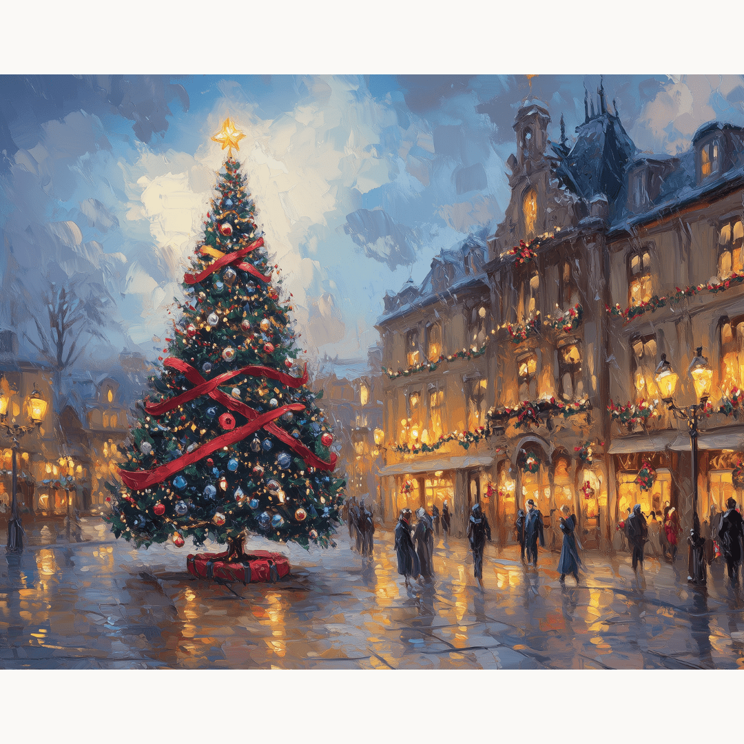 A vibrant Christmas tree stands as the centerpiece of a festive town square, illuminated by string lights and nestled on a cobblestone street amidst architectural buildings adorned with twinkling holiday decorations..