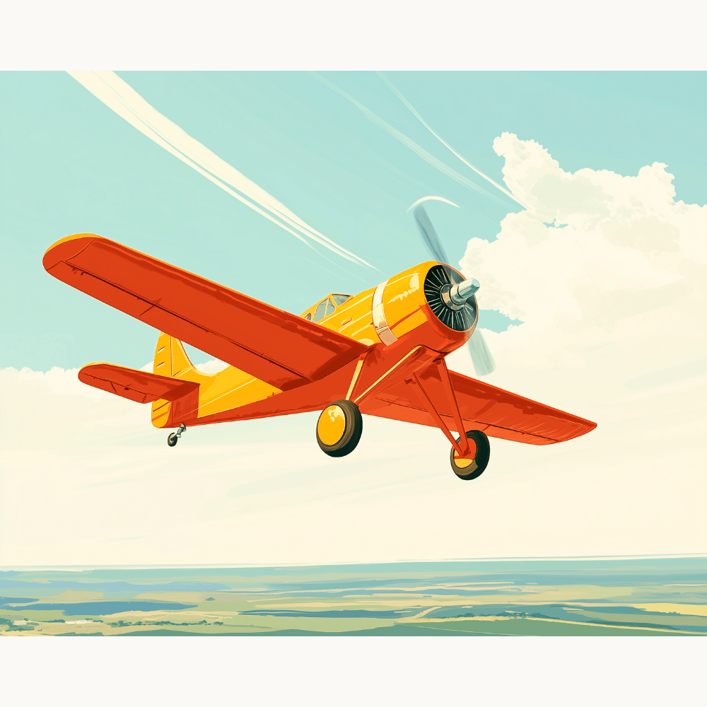 In the given image, a vintage red airplane takes flight against a clear sky backdrop.