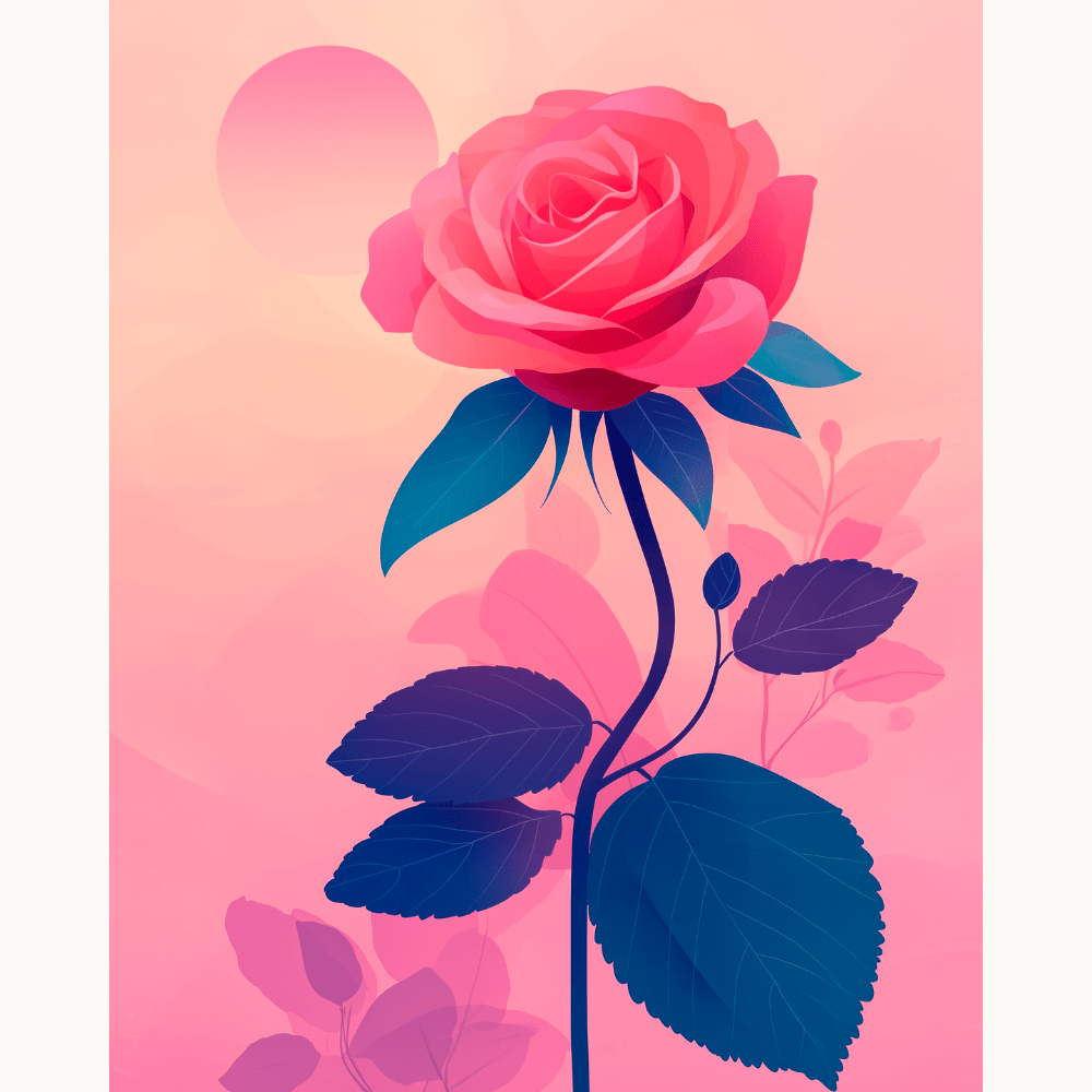 The image depicts a vibrant pink rose with green leaves, prominently positioned against a soft gradient background that transitions from light orange at the top to darker hues at the bottom..