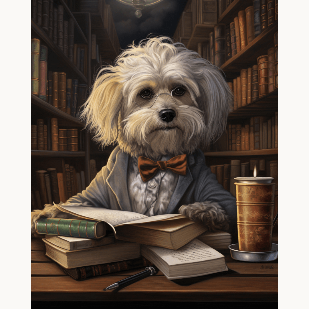 This is an illustrated depiction of a dog sitting at a desk, appearing to be reading a book.