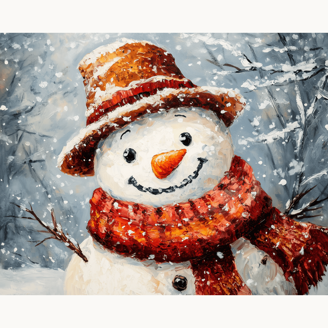 A snowman stands joyfully against a backdrop of falling snow and winter trees, donned in a warm scarf and a festive hat..