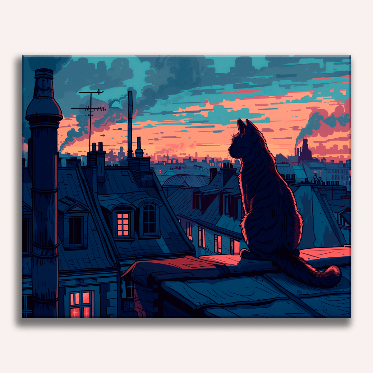 In the image, a black cat sits perched on a rooftop ledge at sunset.