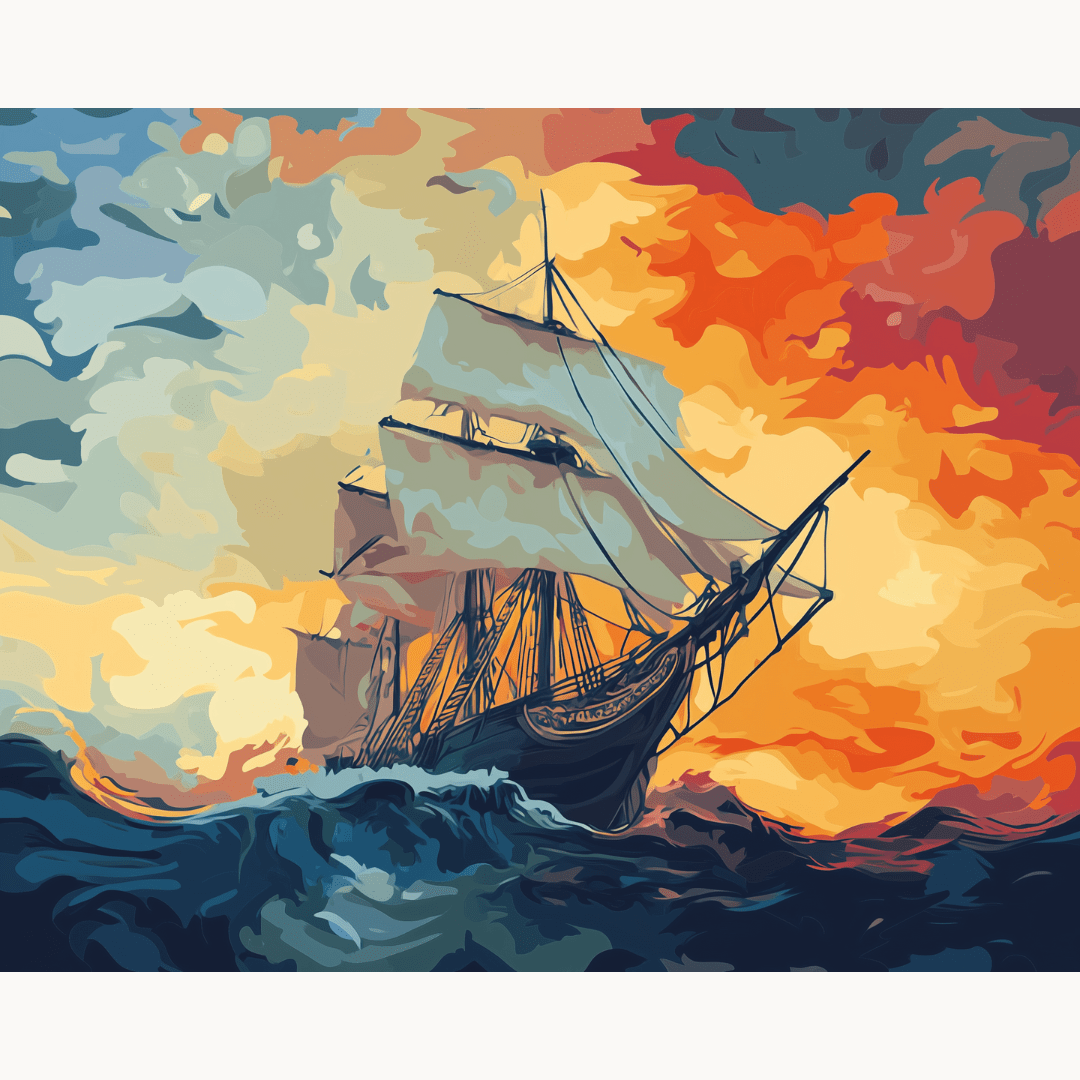 A large ship with tall masts, set against a dramatic sky with vibrant hues of orange and blue, suggesting either sunrise or sunset.