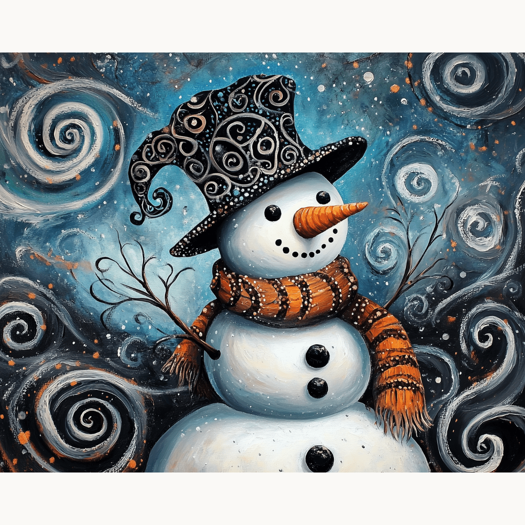 A whimsical piece features a snowman, anthropomorphized with a smile and eyes, wearing a black top hat and a red scarf.