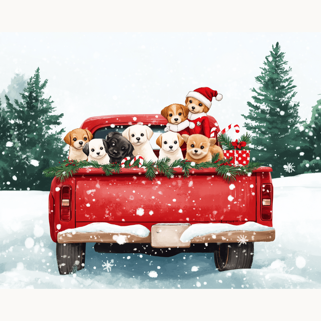 A holiday-themed illustration features a red truck adorned with Christmas decorations and six puppies peeking out from underneath a festive arrangement..