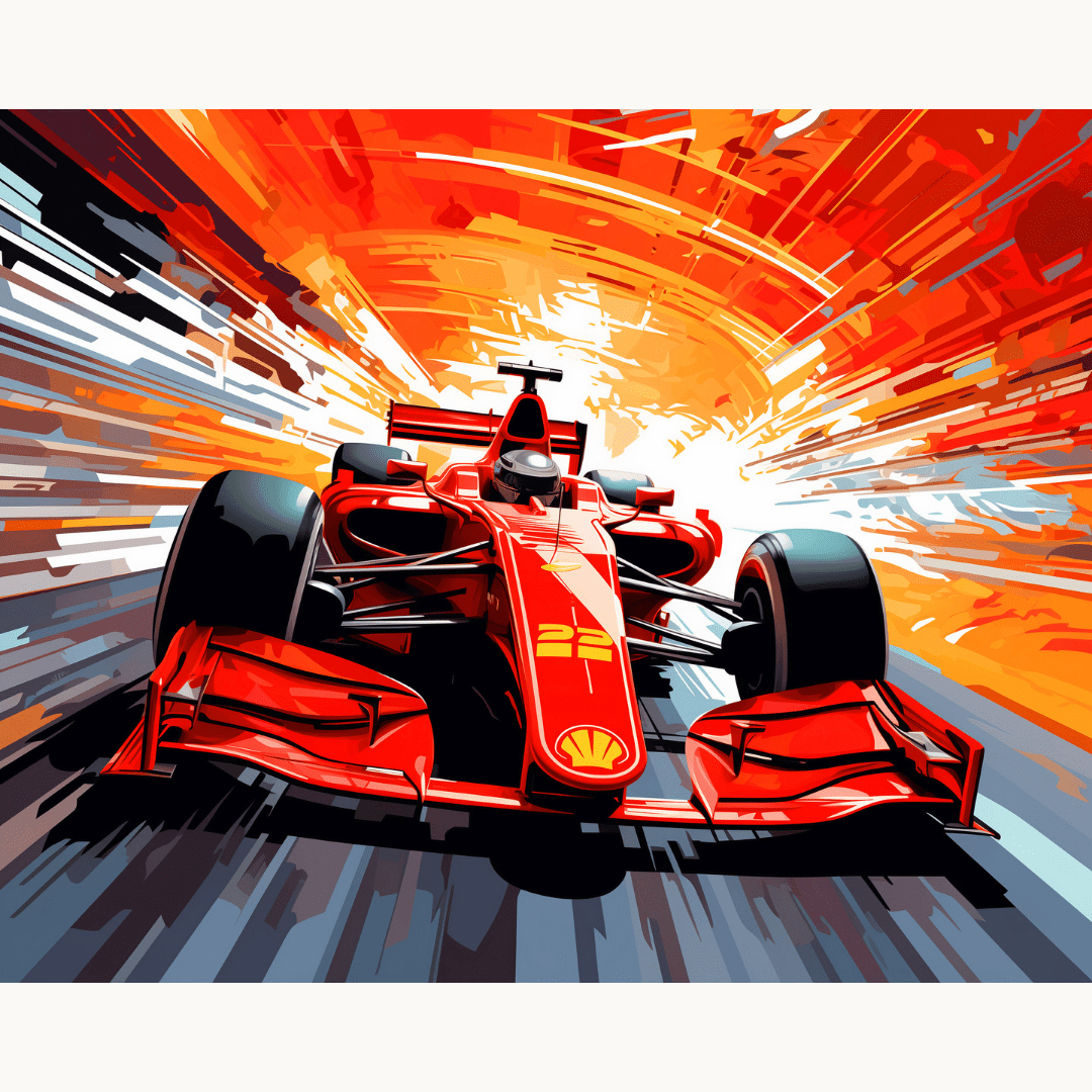 The image showcases a vibrant scene of a red Formula One race car in motion on a track.