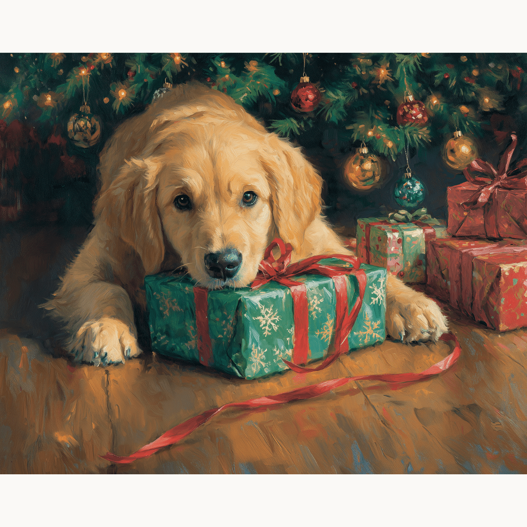 Golden retriever puppy with a bright yellow ribbon around its neck sits on wooden floor next to wrapped gifts adorned with tinsel and red bows, evoking a cozy holiday atmosphere..