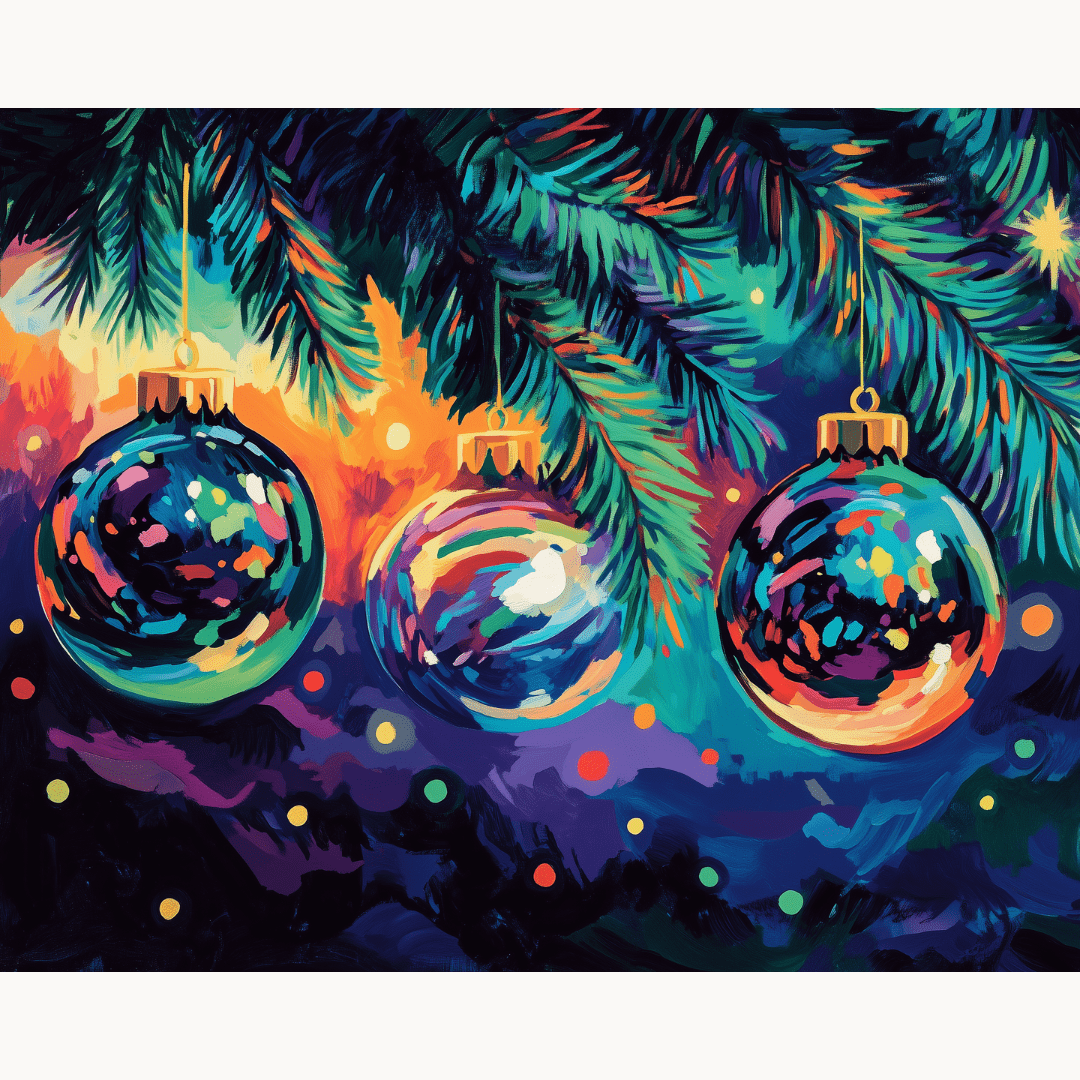 An illustrated Christmas scene featuring three colorful ornaments adorned with lights against a night sky background, set against a festive evergreen branch on which they hang..