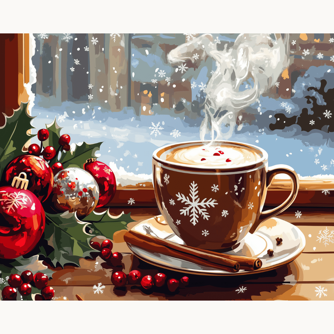 A festive winter scene featuring a hot beverage steaming from a cozy coffee cup on a wooden table, alongside colorful Christmas ornaments and berries.