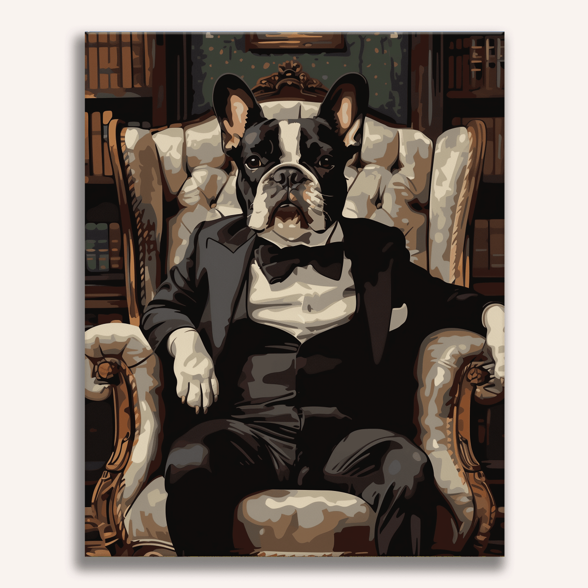 A French bulldog is dressed in formal attire, complete with a tuxedo and bow tie, sitting on an ornate armchair.