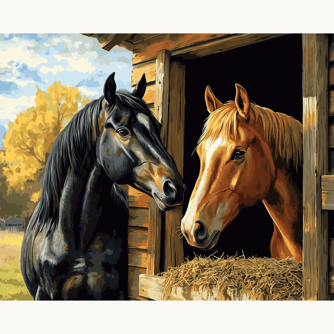 A digital art piece features two horses: a brown and black horse on the left looking out, and an orange and white horse on the right peering in through the window.