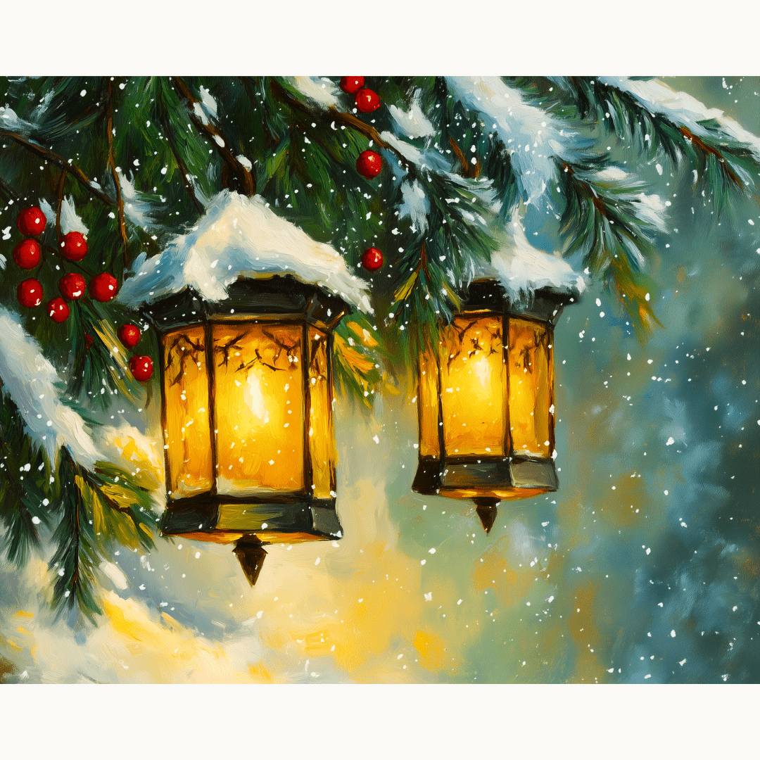 A Christmas scene featuring two ornate lanterns hanging from a tree, illuminating against a backdrop of snow-covered pine branches and a twinkling night sky..