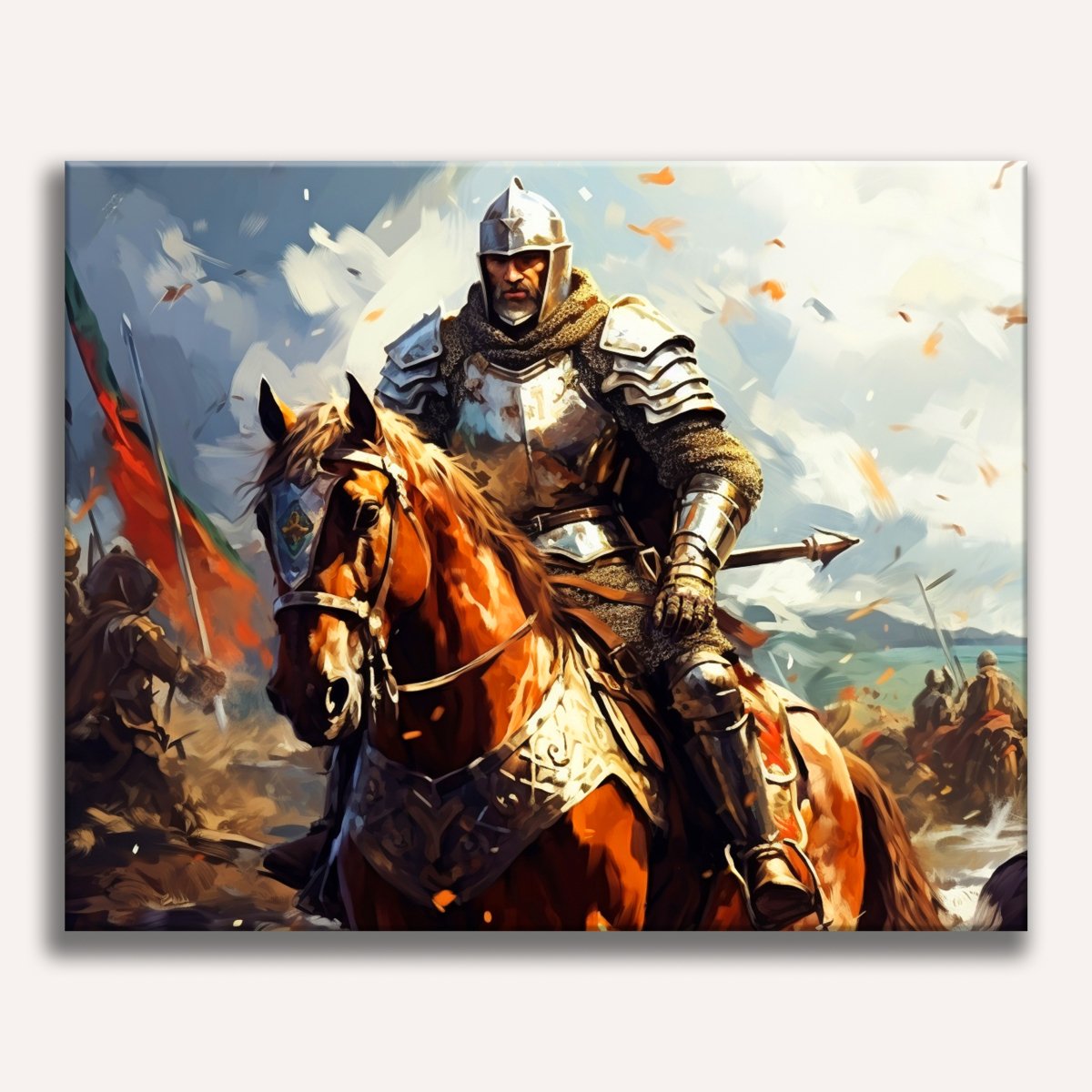 The image portrays a knight on horseback, charging into battle amidst a cloudy sky.