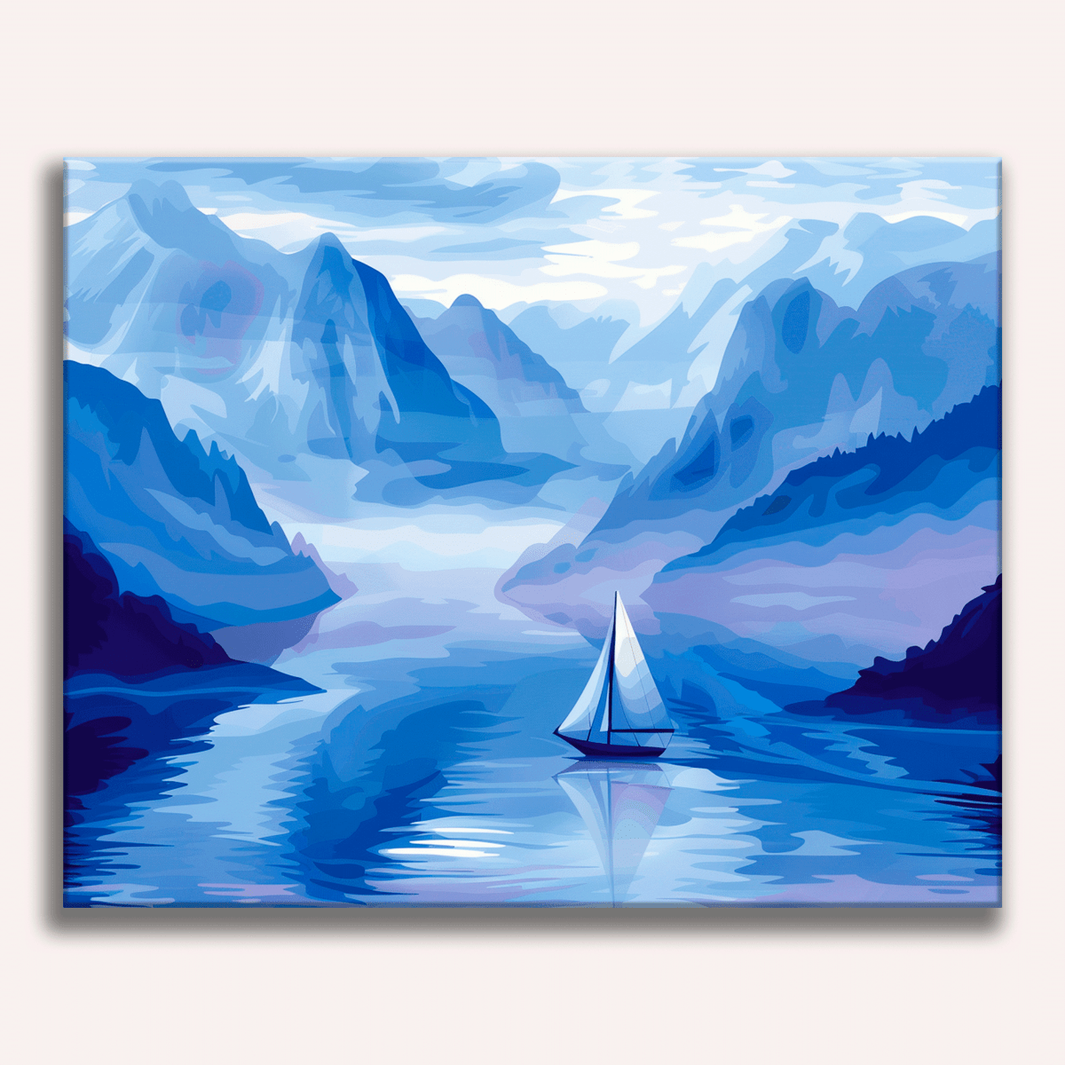 A large, vivid painting depicts a serene landscape featuring a sailboat sailing on a tranquil lake nestled amidst majestic mountains.