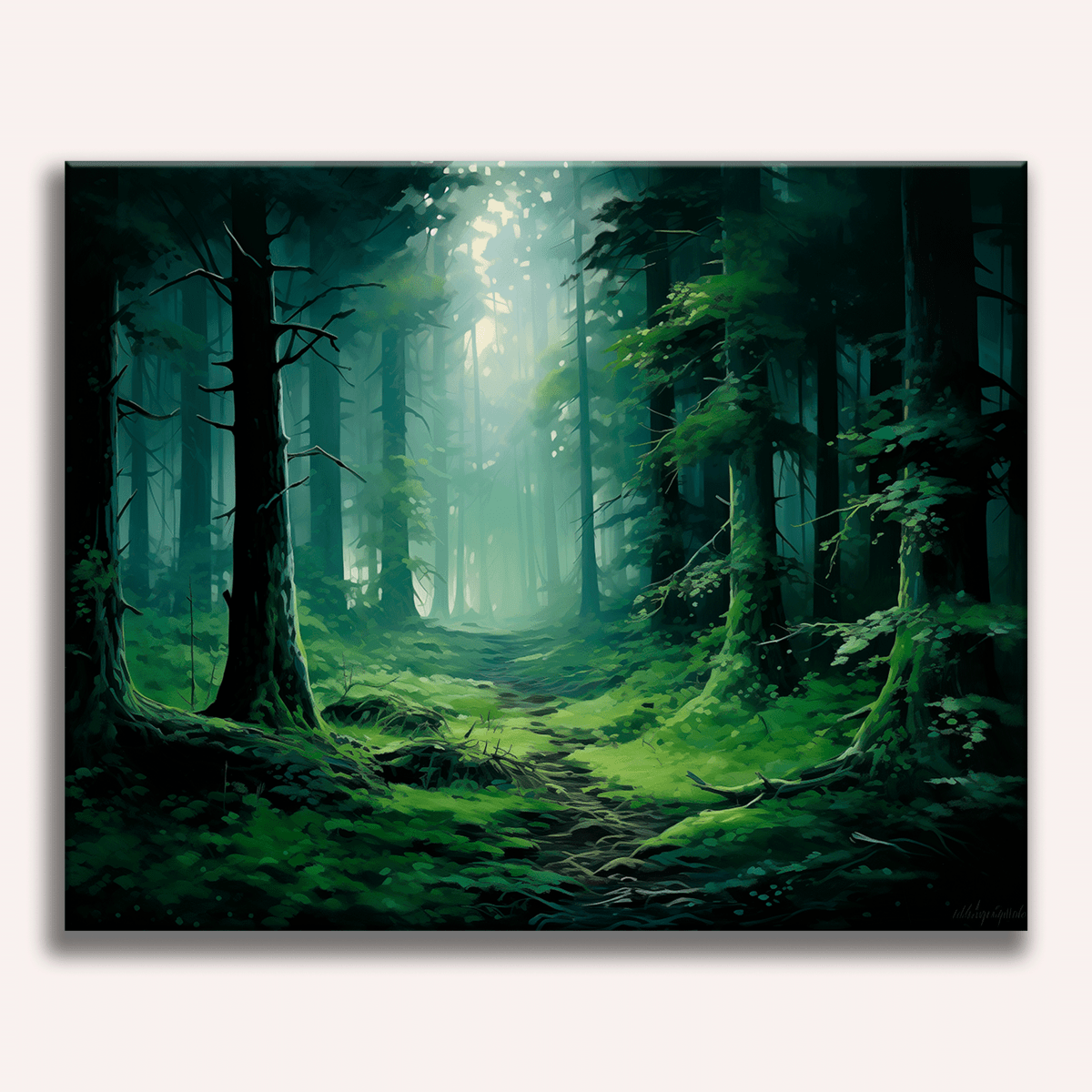 The image presents a tranquil forest scene.