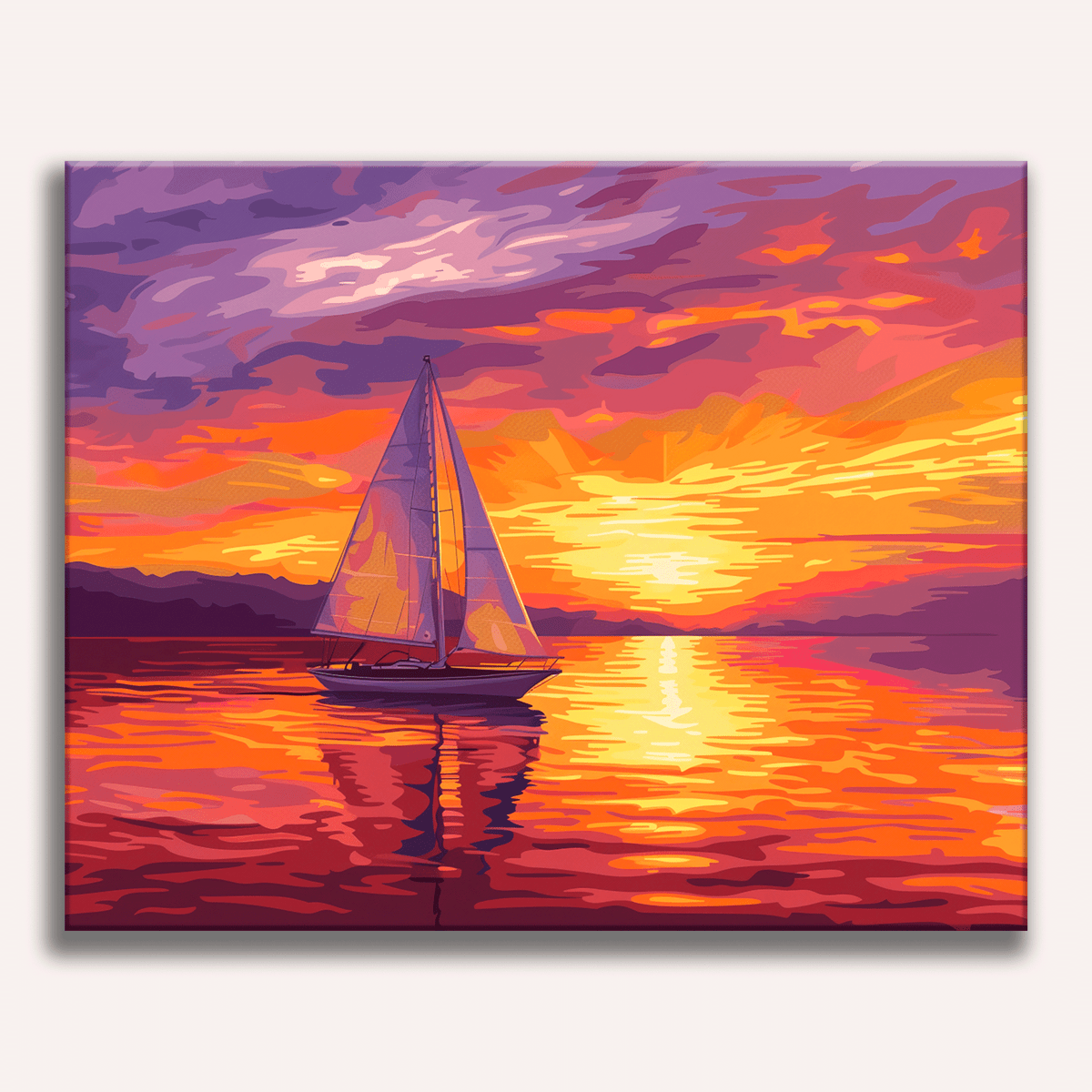 This is a painting depicting a serene scene at sunset.