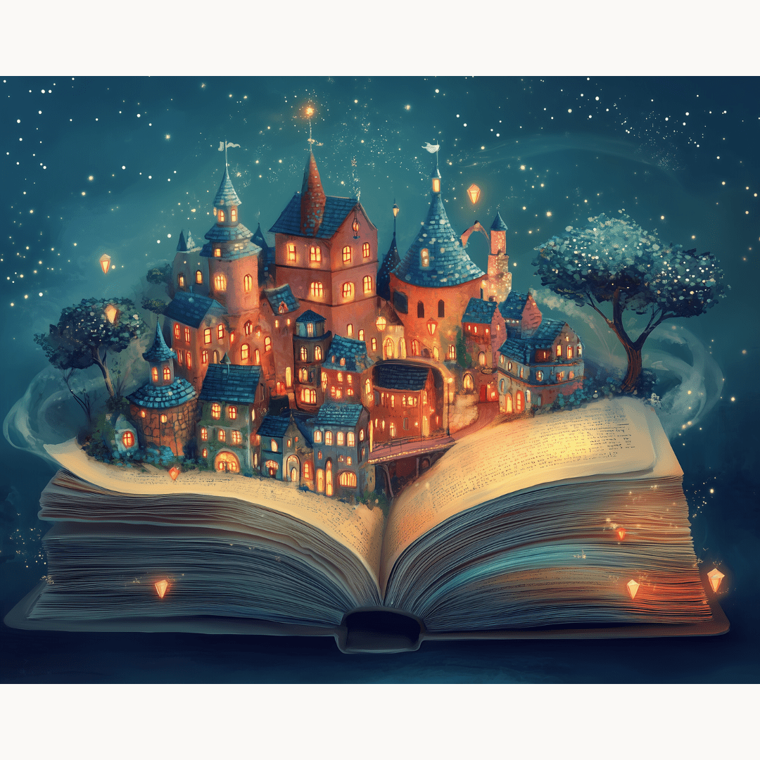 The image presents a fantasy scene centered around an open book.