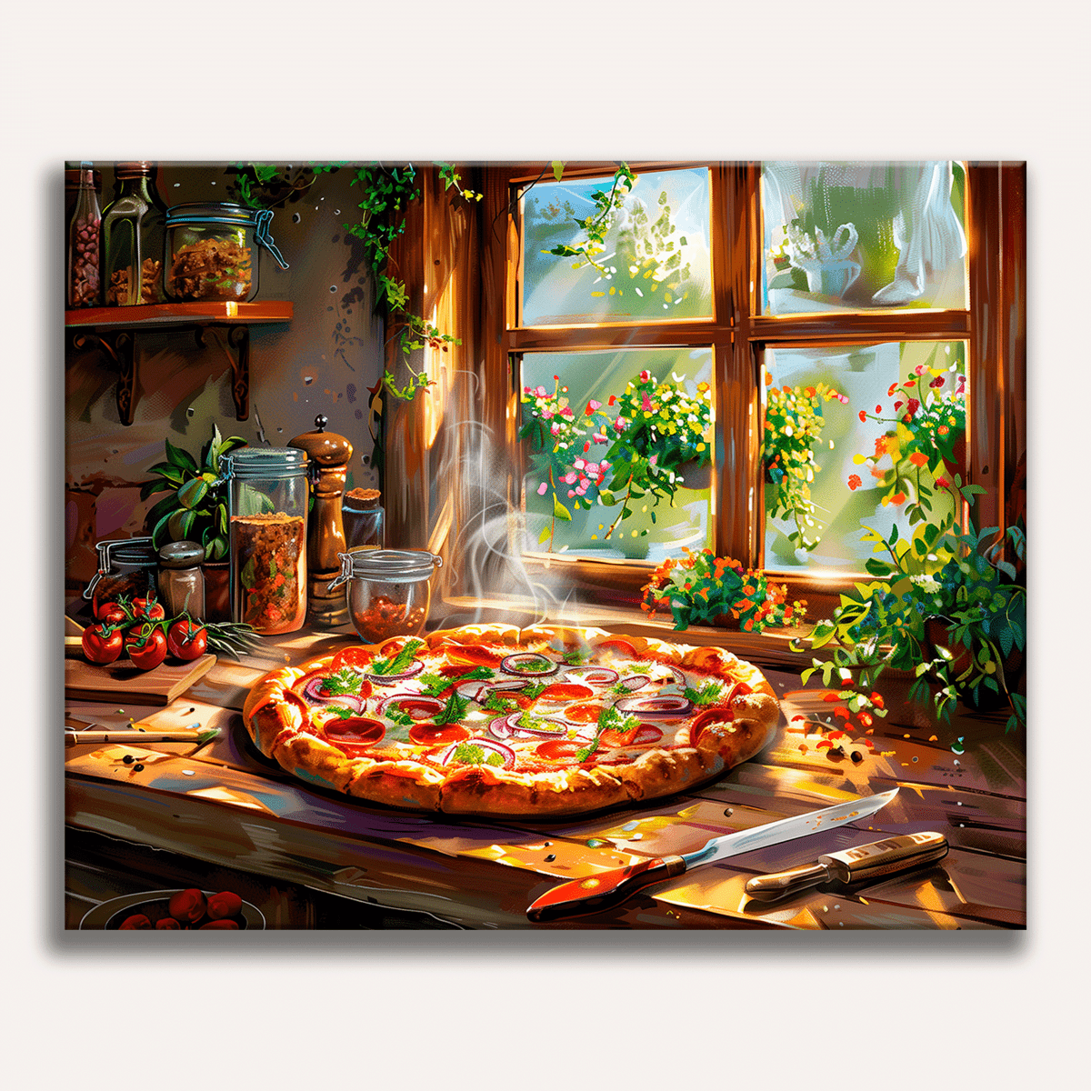 A digital illustration captures a cozy kitchen scene.