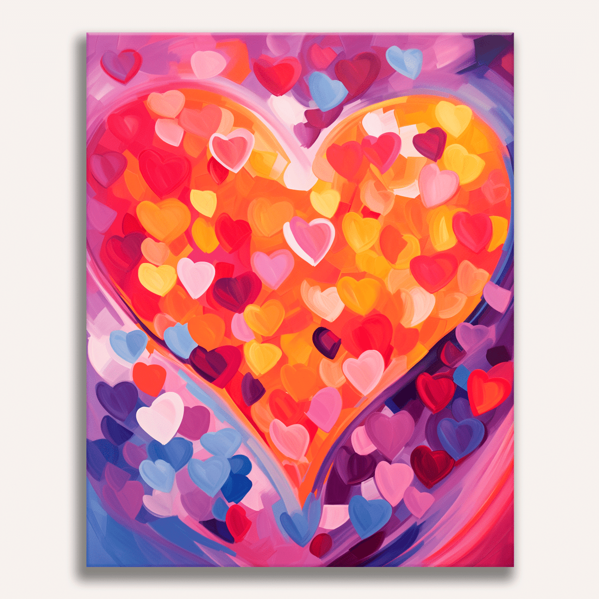 This is a vivid and colorful representation of a heart, composed of various shapes and sizes of love hearts rendered in bright hues.