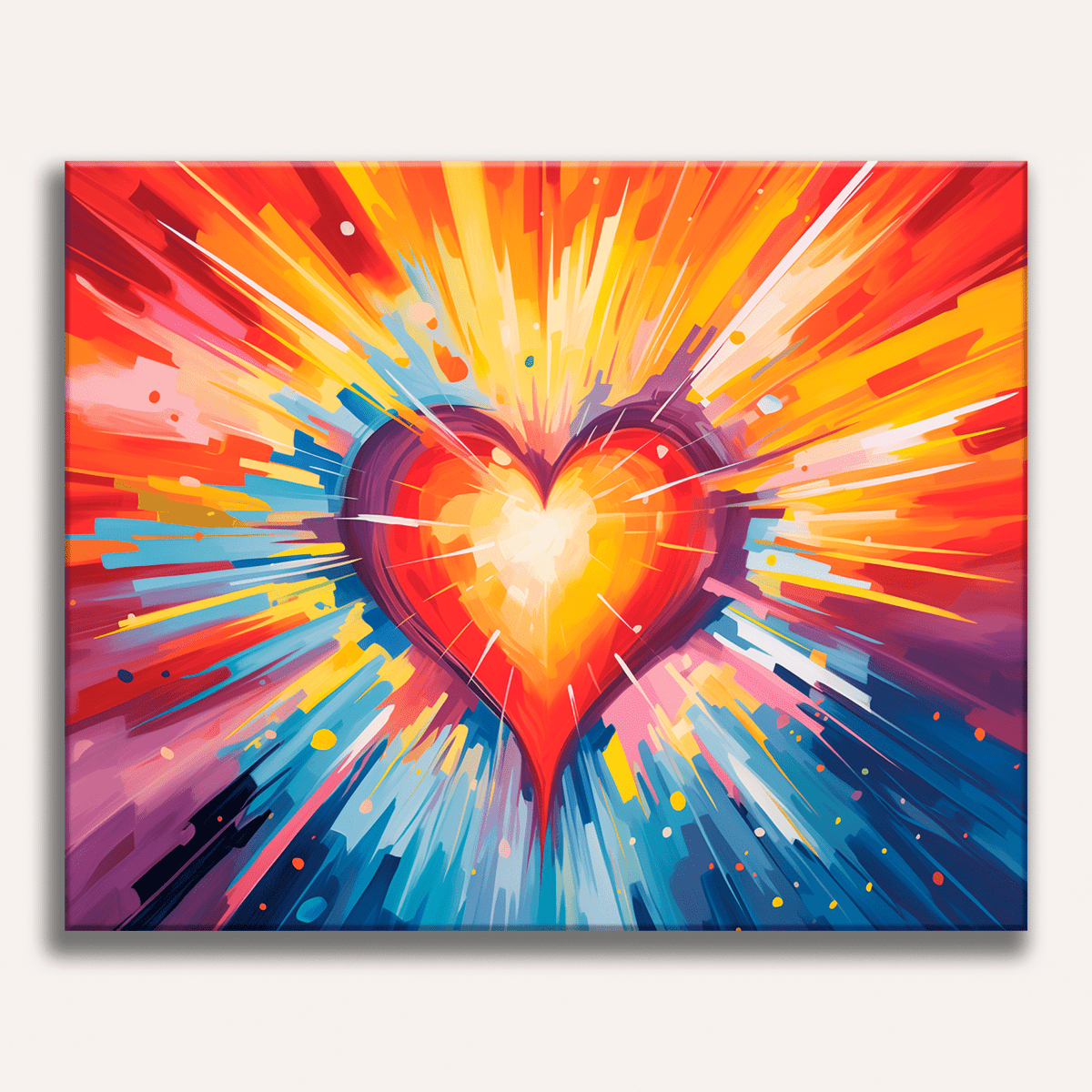 A vibrant abstract painting featuring a large, colorful heart at its center, radiating with warm hues against an equally vivid backdrop that suggests movement and energy..