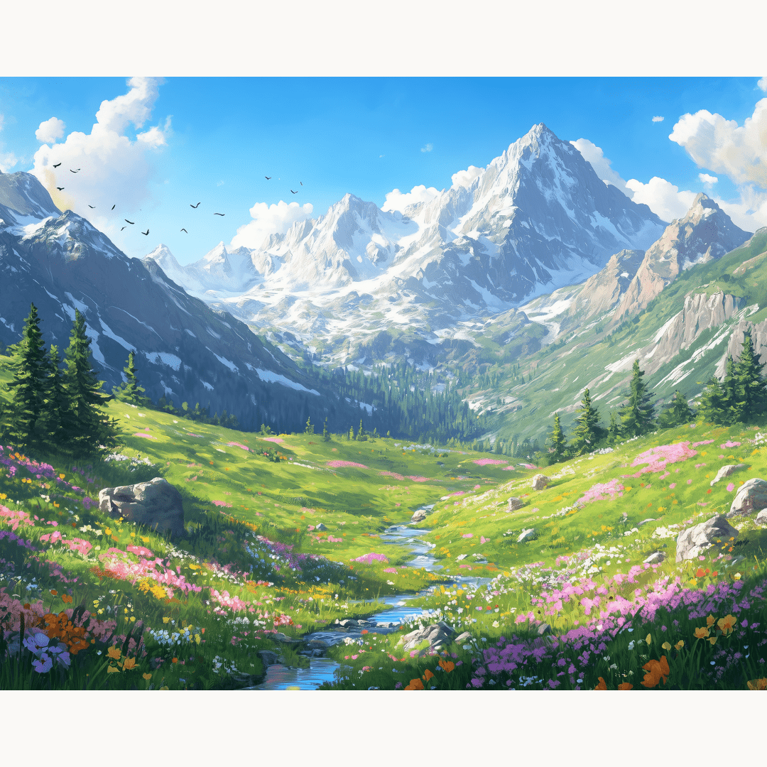 A landscape scene featuring a picturesque mountain range.