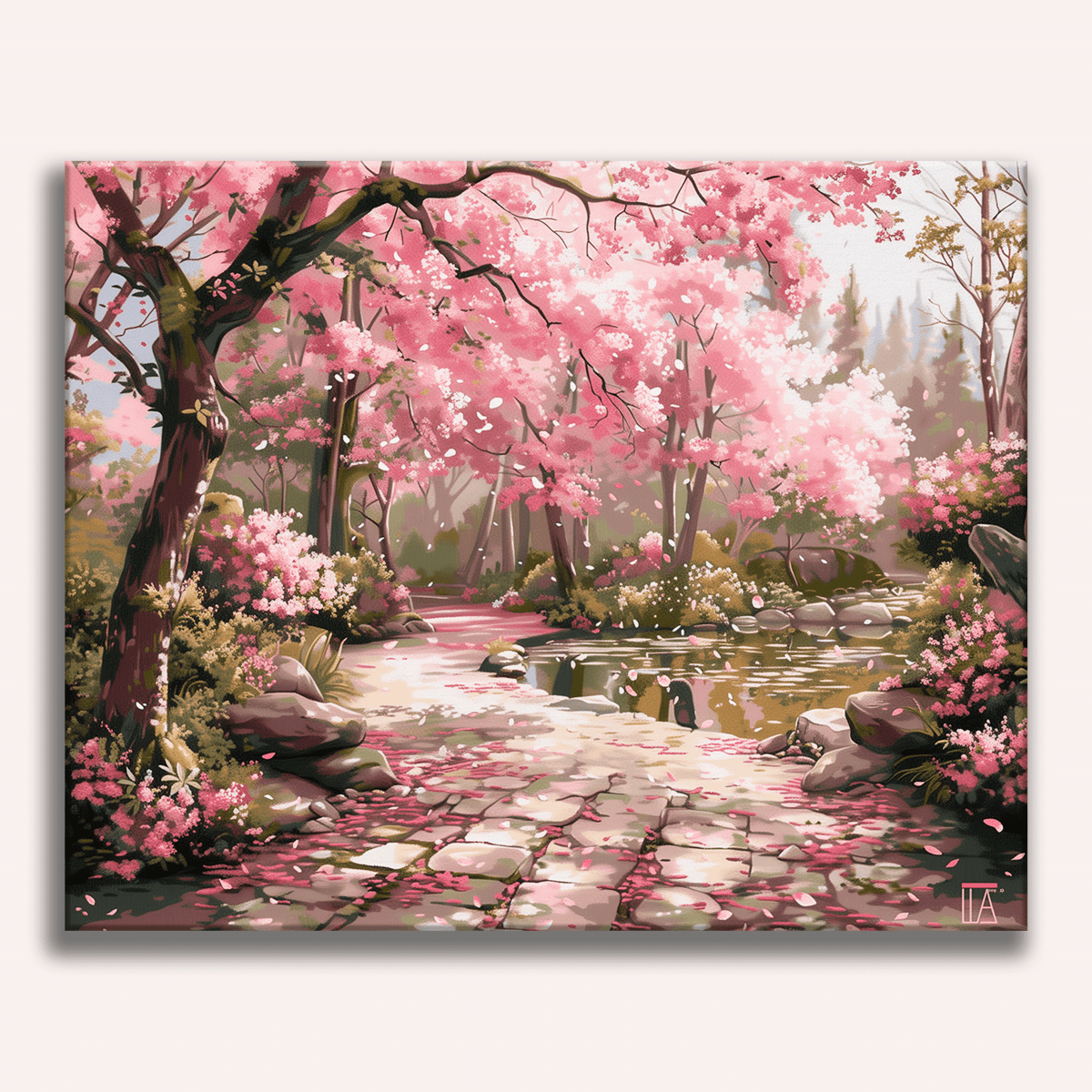 A digital painting depicts a serene woodland scene with a stone path leading through a vibrant display of blooming cherry blossoms.