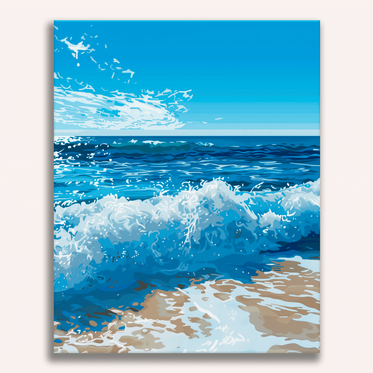 The image displays a canvas print featuring an artwork depicting a serene seascape scene.